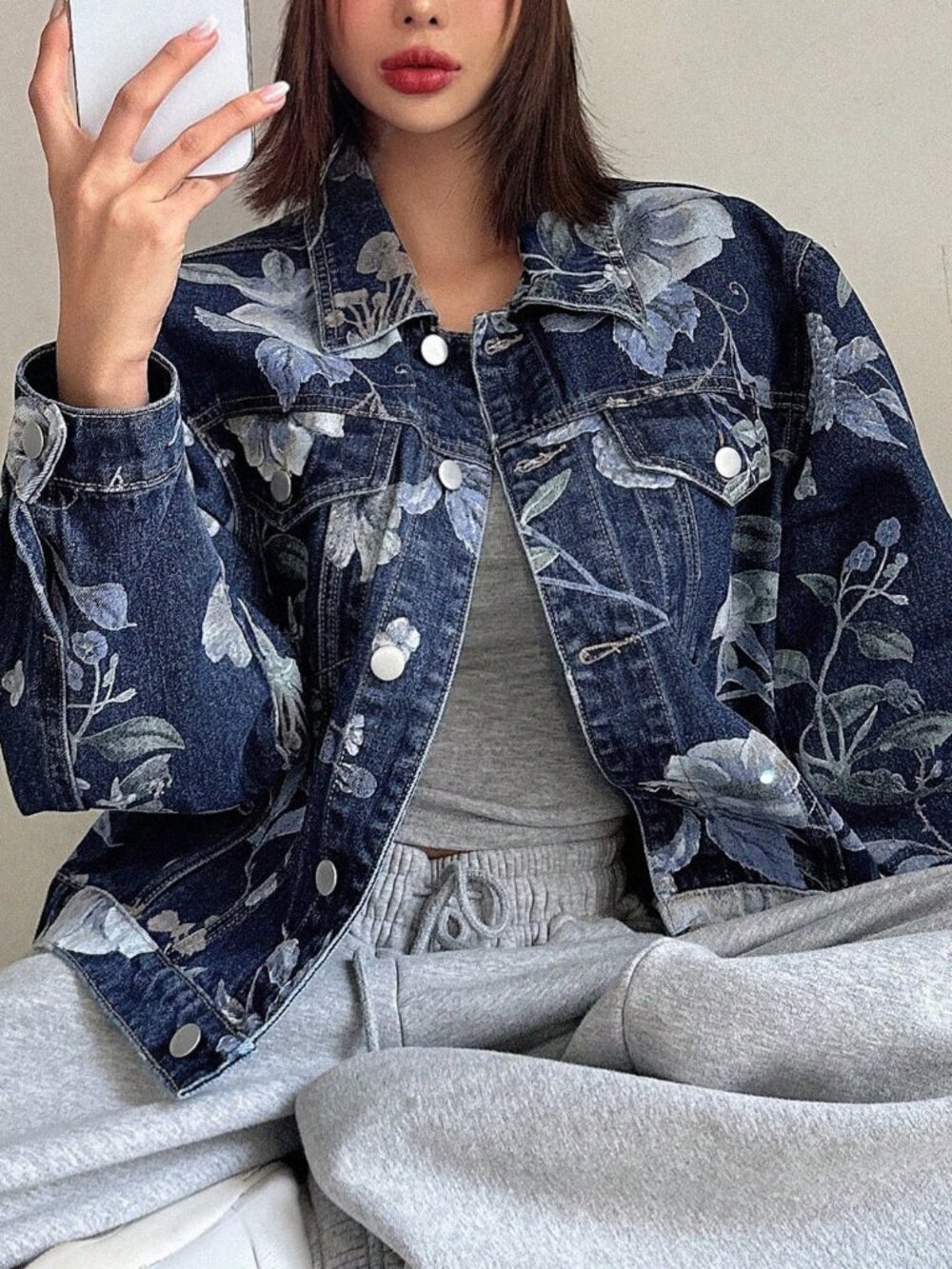 Medium Wash Casual Women's Floral Printed Denim Jacket